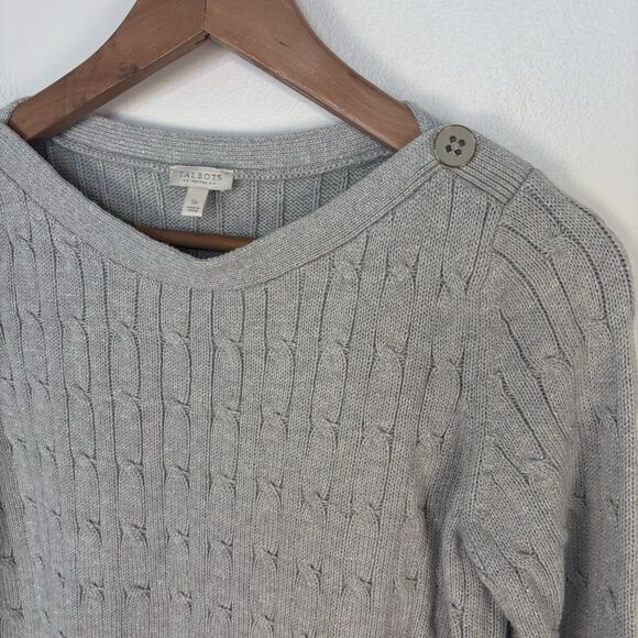 Talbots Women’s SP Sweater Cable Knit Light Gray Metallic Silver Pullover - Picture 2 of 6
